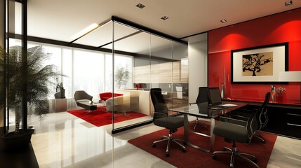 Modern office with sleek glass walls and stylish furniture in a professional setting.