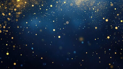 Abstract background with gold stars, particles and sparkling on navy blue. Christmas Golden light shine particles bokeh on navy blue background. 2024 New year background. Gold foil texture