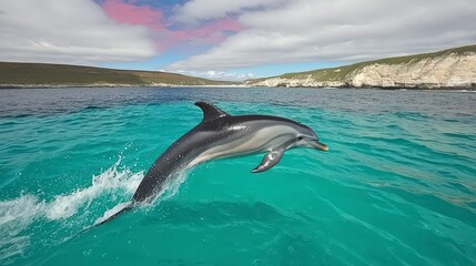Naklejka premium Playful Dolphin Leaping Ocean Coastal Landscape Wildlife