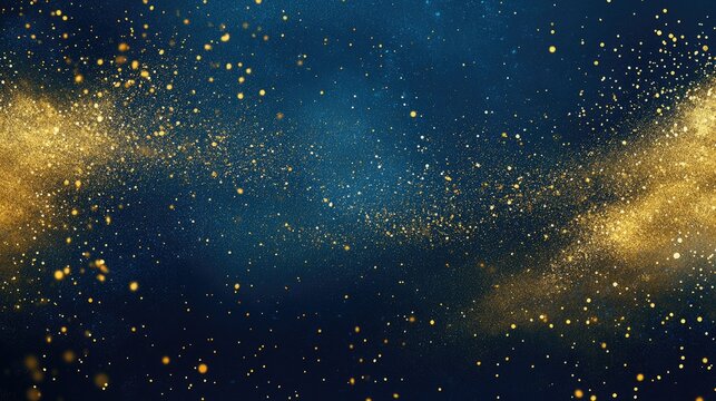 Abstract background with gold stars, particles and sparkling on navy blue. Christmas Golden light shine particles bokeh on navy blue background. 2024 New year background. Gold foil texture