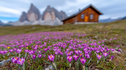 Fototapeta premium Alpine Meadow Crocus Flowers Mountain Cabin Dolomites Scenery