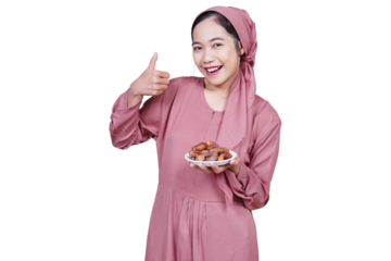 Asian Muslim woman breaking fast, Ramadan month spiritual moment isolated transparent