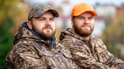 Fototapeta premium Hunting Buddies Two Men in Camo Jackets and Hats Outdoors