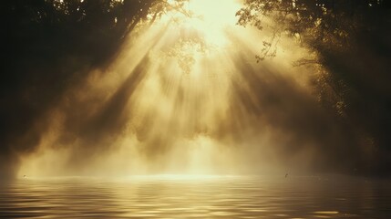 Obraz premium Sunlight piercing smoky mist over water, casting a surreal, soft glow