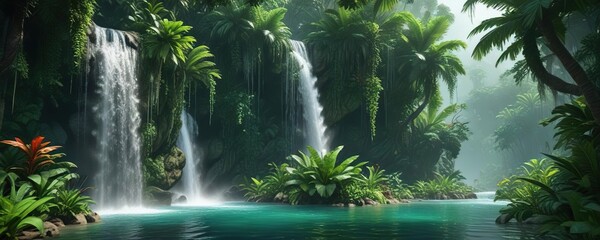 Naklejka premium Emerald veiled cascades in lush tropical vegetation, natural wonder, hidden waterfall maui hawaii
