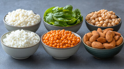Healthy foods high in selenium, including chickpeas, almonds, and spinach, arranged in bowls. These nutrient rich ingredients are perfect for balanced diet