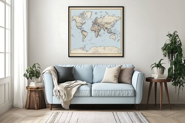 Fototapeta premium Cozy living room with a pastel blue sofa, wooden side table, and a poster map on the wall in the style of Scandinavian-style interior design for modern home decor.