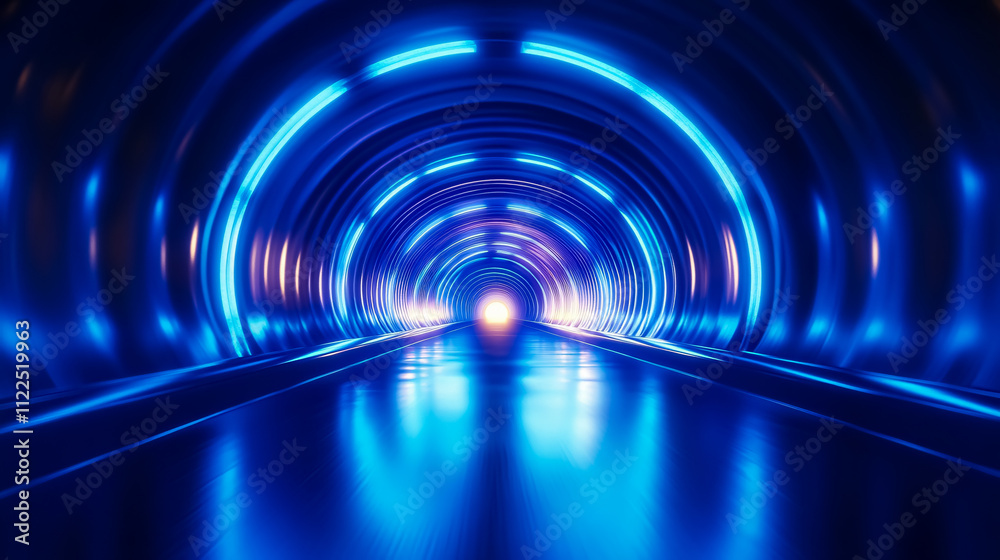 Wall mural an abstract tunnel corridor illuminated with rays of light, featuring a neon blue background with ro