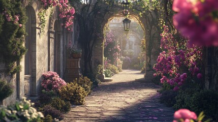 Fototapeta premium Sunlit Rose-Covered Archway in Romantic Italian Garden