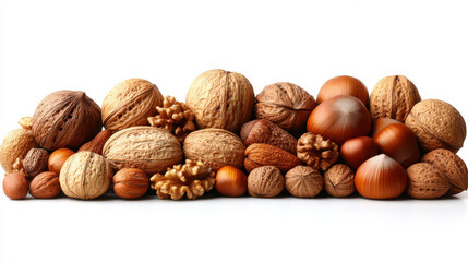 variety of nuts including walnuts, hazelnuts, and almonds arranged beautifully on white background, showcasing their unique textures and colors