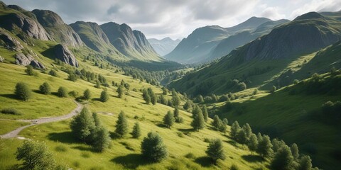 Rolling hills and lush green forests in a Norwegian valley, mountains, trees
