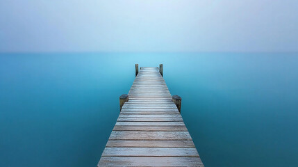 Fototapeta premium Wooden dock extends into tranquil blue water under a calm sky