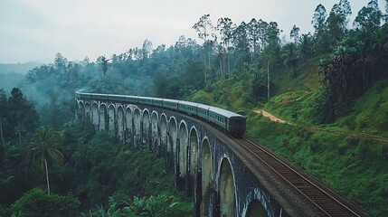 Obraz premium A train is traveling down a bridge over a forest