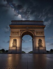 Obraz premium The Arc de Triomphe under starry night sky with a few clouds, architectural landmark, monument, arc de triomphe