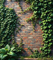 Vintage brick wall with lush greenery and vines growing around it, botanicals, outdoor scenery, nature