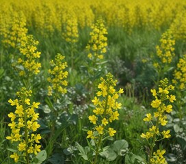 Fototapeta premium Yellow rapeseed flowers blooming in the field, nature, summer, countryside