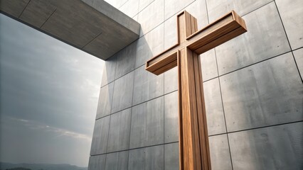 Modern Wooden Cross on Smooth Wall of Contemporary Architecture