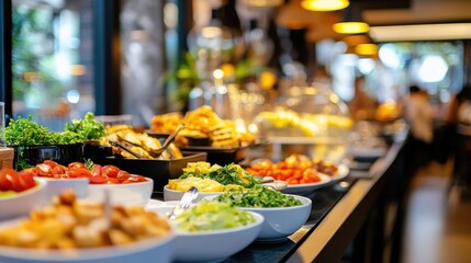 Obraz premium Abstract blur and defocused breakfast buffet at hotel restaurant interior for background with wide angle view Blurred bokeh light image background on coffee cafe shop or modern cafeter