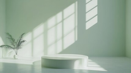 Minimalist Green Room with a Round Pedestal and a Palm Plant