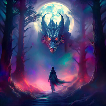 A Dragon Rising In The Forest Looking At a Male Figure