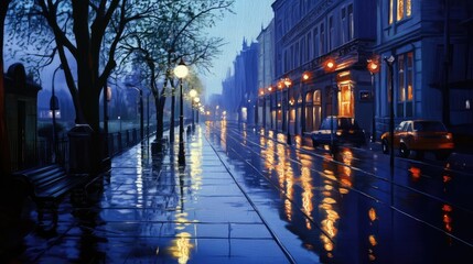Wet, rainy city night with streetlights casting reflections on sidewalks and creating a calm ambiance