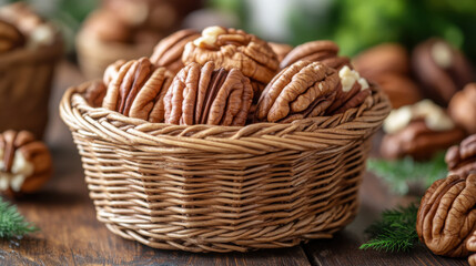 Obraz premium Fresh organic pecan nuts in woven basket, showcasing their rich texture and color. Perfect for healthy snacking or baking, these nuts add delightful crunch to any dish