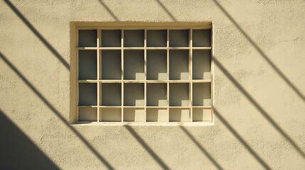 Window grid shadows casting strong, linear patterns across a smooth surface wall