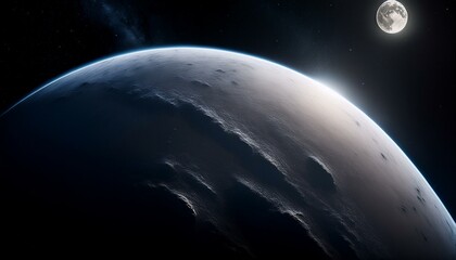 Obraz premium 漠然とした暗闇の中で浮かぶ惑星がぼんやりと映し出され、惑星の表面がわずかに見える。宇宙の広大さと静けさを感じさせるテクスチャ。
