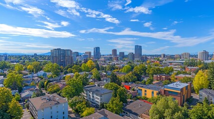 Aerial view of city skyline with residential neighborhood, lush greenery, and blue sky.