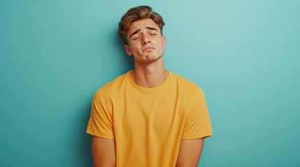 Fototapeta premium A young man with a sad expression stands against a blue background, conveying a sense of disappointment.