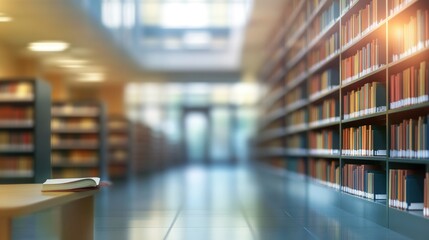 Fototapeta premium Abstract blurred public library interior space. blurry room with bookshelves by defocused effect. use for background or backdrop in business or education concepts