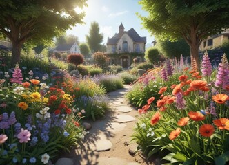 Naklejka premium A beautiful, blooming flower garden on a sunny day, gardening, peaceful scene