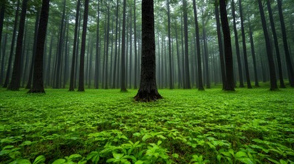 Mystical Foggy Forest  Lush Green Groundcover  Tall Trees  Nature Scene