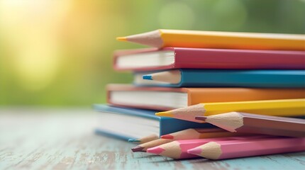 Stack of colorful books and pencils on a weathered wooden table, bathed in soft sunlight