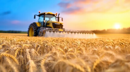 Obraz premium Tractor Spraying Wheat Field at Sunset Agriculture Farming Golden Hour