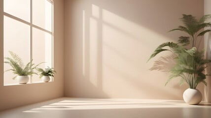 Fototapeta premium Minimalistic abstract gentle light beige background for product presentation with light andand intricate shadow from the window and vegetation on wall.