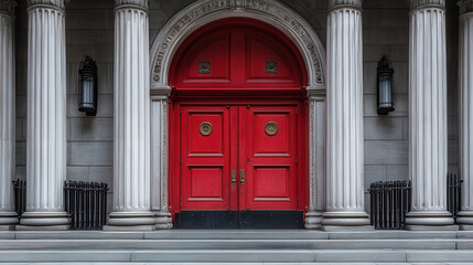 Fototapeta premium striking red door framed by elegant columns, showcasing classic architecture and inviting entry. detailed design and symmetry create captivating focal point