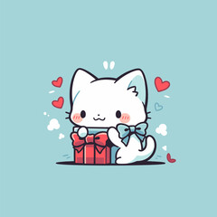 Cute White Cat with Gift and Hearts on Blue Background. Cute Vector Cat.