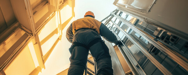 professional worker climbing ladder towards elevator shaft, showcasing determination and focus. upward perspective highlights height and structure of environment
