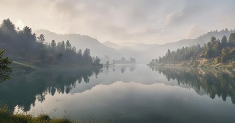 Fototapeta premium Foggy valleys of Friuli Venezia Giulia with a lake in the background , valley, fog, grey