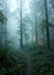 Fototapeta premium Forest floor covered in mist and overgrown vegetation with faintly lit trees, misty forest floor, natural scenery
