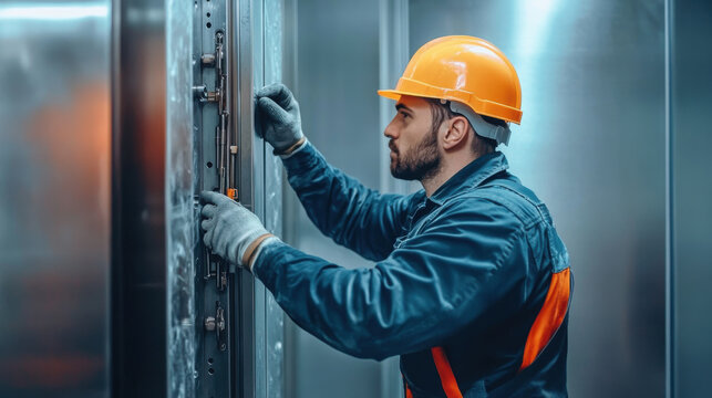 professional worker in hard hat and gloves adjusts elevator components, showcasing focus and expertise in modern setting