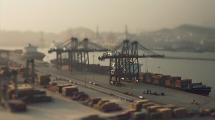 Large cargo ship docked at empty port with stacked containers and idle cranes, symbolizing port strike and industrial tension.