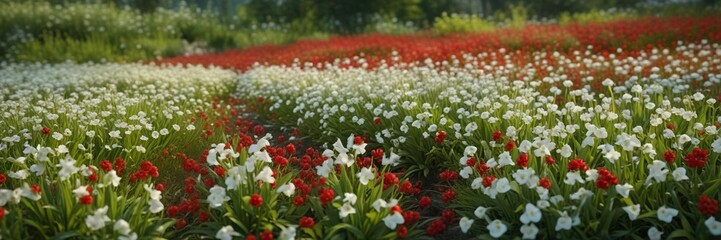 Lush meadow carpeted with white lily of the valley flowers and vibrant red berries, lily of the valley, green fields, flowers