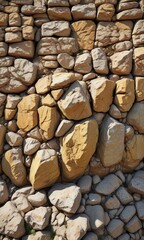 Overhead view of yellow stone wall with uneven texture of an old fortress , stone, walls