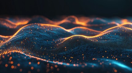 Abstract digital network waves and glowing blue and orange particle data on dark background. Based on