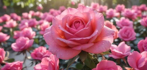 Obraz premium Pink rose petals unfolding under the morning sun, nature photography, floral detail