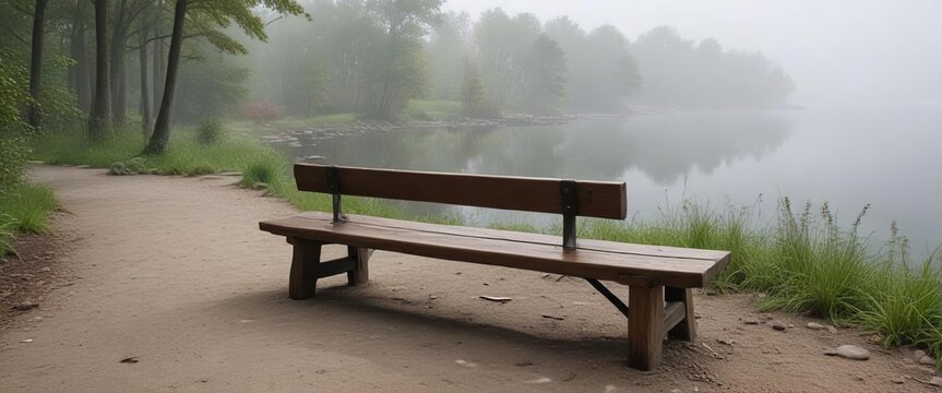 The rustic wooden bench blends seamlessly into the natural surroundings as it overlooks Pewaukee Lake on a foggy gray day, tranquility, bench, rocks