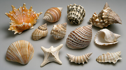 A collection of diverse seashells arranged on a smooth grey background, showcasing different textures and colors. Perfect for themes related to nature, ocean, and marine life.