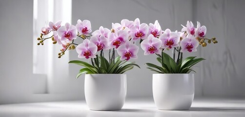 Fototapeta premium Vibrant orchids in a gleaming white container against a blank canvas, minimalist aesthetic, refined elegance